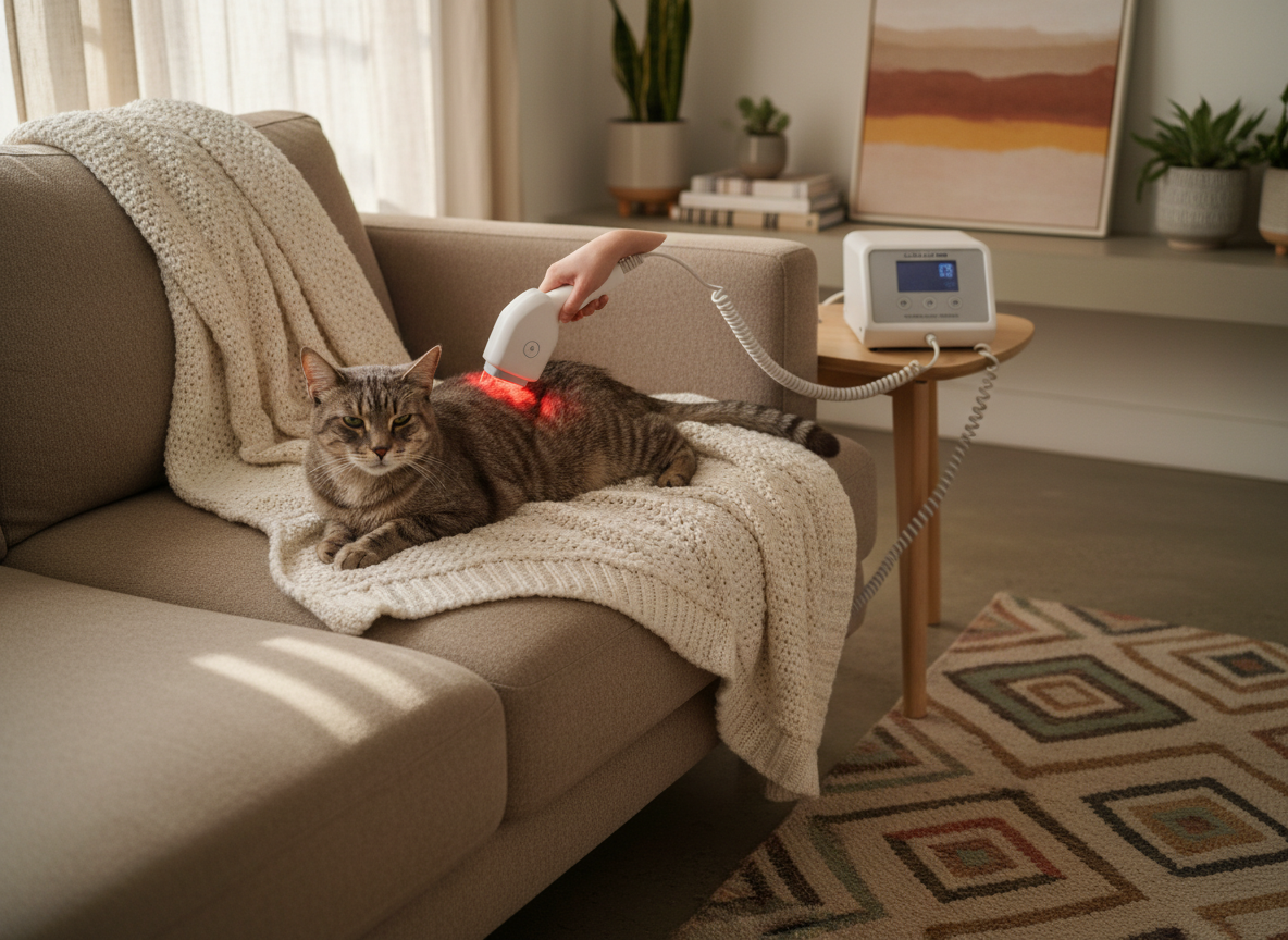 A senior gray tabby cat lounging on a plush throw blanket atop a cozy sofa, receiving gentle in-home Class 4 PBM laser therapy on its lower back. The cat’s fur catches the soft red light from a compact veterinary laser unit, placed neatly on a nearby low table with clear, minimal controls and a coiled fiber-optic cable. The living room is tidy and modern, with muted earth tones, a woven rug, and tasteful decor suggesting a Paso Robles home. Warm, late-afternoon sunlight streams through sheer curtains, mixing with the laser’s glow. Shot in photographic realism from a slightly elevated angle, with a calm, reassuring mood and a softly blurred background emphasizing the cat’s comfort and the precision of the treatment.