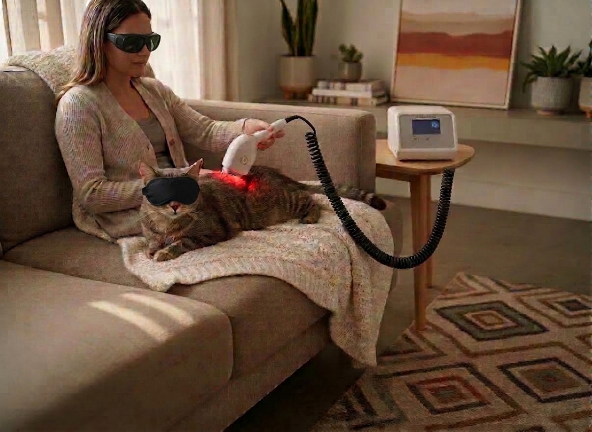 veterinary laser A senior gray tabby cat lounging on a plush throw blanket atop a cozy sofa, receiving gentle in-home Class 4 PBM laser therapy on its lower back. The cat’s fur catches the soft red light from a compact veterinary laser unit, placed neatly on a nearby low table with clear, minimal controls and a coiled fiber-optic cable. The living room is tidy and modern, with muted earth tones, a woven rug, and tasteful decor suggesting a Paso Robles home. Warm, late-afternoon sunlight streams through sheer curtains, mixing with the laser’s glow. Shot in photographic realism from a slightly elevated angle, with a calm, reassuring mood and a softly blurred background emphasizing the cat’s comfort and the precision of the treatment.