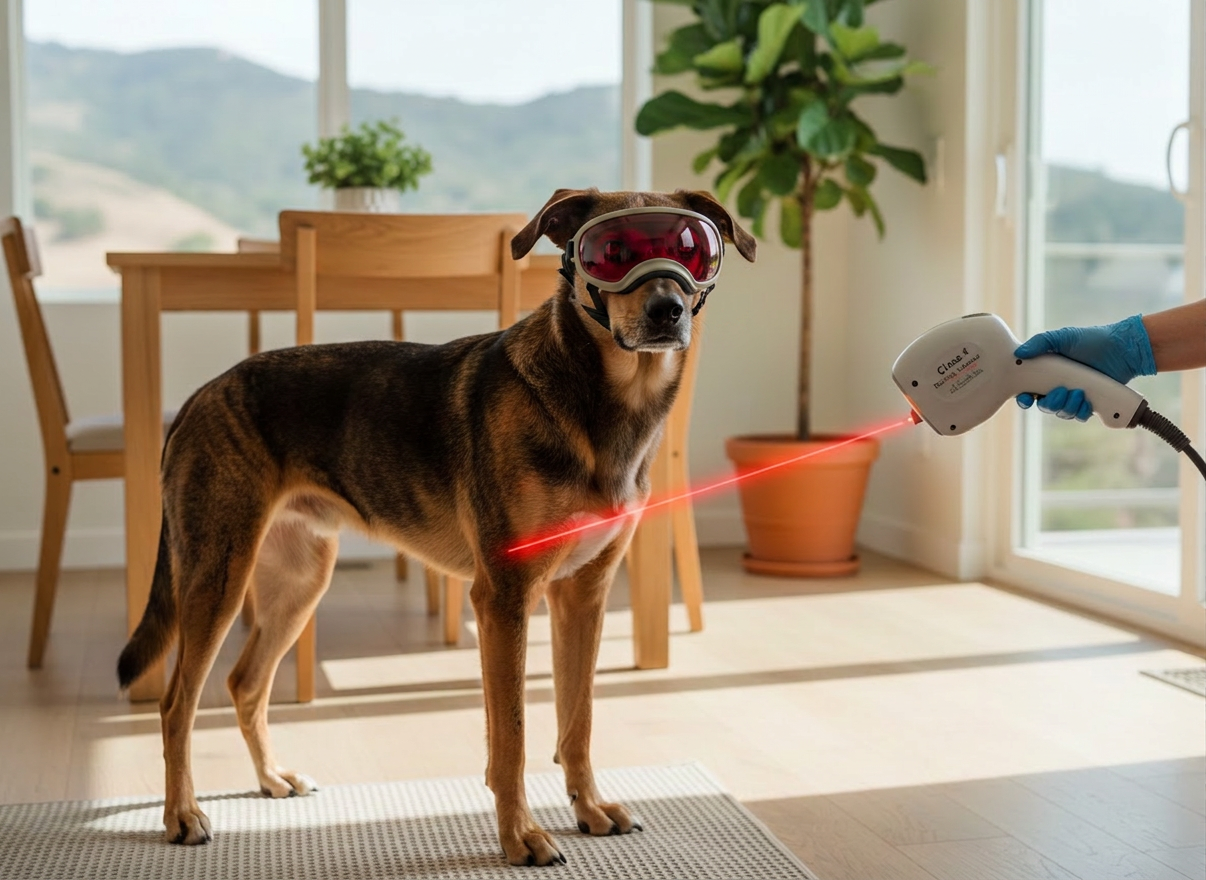 veterinary laser A medium-sized mixed-breed dog, brindle coat and bright eyes, standing calmly on a comfortable non-slip mat in a sunlit dining room, receiving Class 4 laser therapy along one hind leg. The handheld applicator hovers just above the skin, emitting a focused red beam along the muscle, visually emphasizing pain relief and tissue healing. The home interior is clean and contemporary, with light-colored walls, simple wooden furniture, and a potted plant near a sliding glass door hinting at North San Luis Obispo’s relaxed lifestyle. Soft natural light combines with subtle highlights from the laser device, creating a serene, professional mood. Photographic realism, rule-of-thirds composition, and medium depth of field keep both the dog and device clearly defined while background details gently soften.