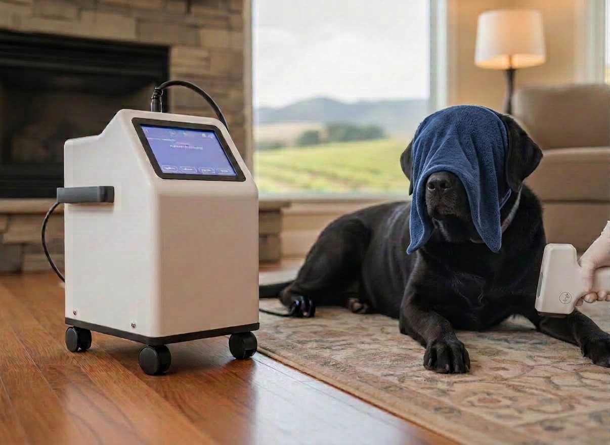 veterinary laser A detailed close-up of a sleek, white Class 4 veterinary laser unit designed for mobile use, resting on a compact rolling case beside a large, calm black Labrador lying on a textured area rug. The control screen on the device glows softly, while the attached handpiece emits a gentle red light over the dog’s arthritic elbow, symbolizing photobiomodulation and reduced inflammation. The home setting features warm-toned hardwood floors, a nearby fireplace with a simple mantel, and a glimpse of Central Coast vineyard landscapes through a nearby window. Soft indoor ambient lighting mixed with filtered daylight creates a warm, reassuring atmosphere. Photographic realism with a low, side-on angle and shallow depth of field emphasizes the technology and treatment site, while the background remains subtly present but unobtrusive.