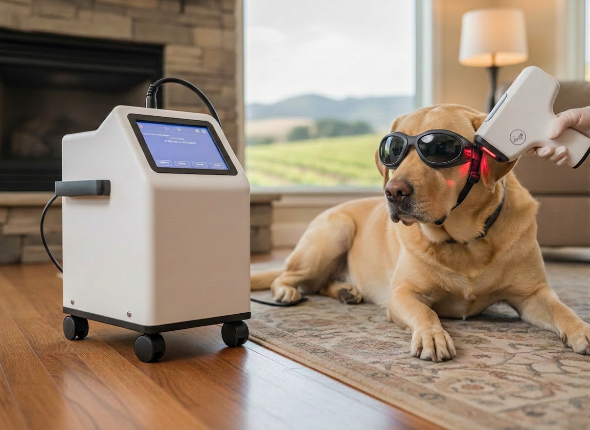 veterinary laser A detailed close-up of a sleek, white Class 4 veterinary laser unit designed for mobile use, resting on a compact rolling case beside a large, calm black Labrador lying on a textured area rug. The control screen on the device glows softly, while the attached handpiece emits a gentle red light over the dog’s arthritic elbow, symbolizing photobiomodulation and reduced inflammation. The home setting features warm-toned hardwood floors, a nearby fireplace with a simple mantel, and a glimpse of Central Coast vineyard landscapes through a nearby window. Soft indoor ambient lighting mixed with filtered daylight creates a warm, reassuring atmosphere. Photographic realism with a low, side-on angle and shallow depth of field emphasizes the technology and treatment site, while the background remains subtly present but unobtrusive.