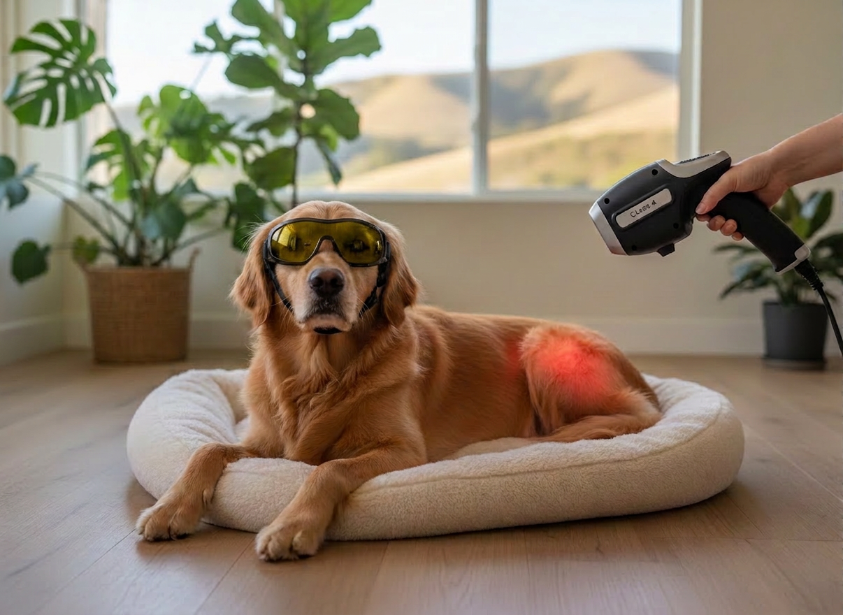 veterinary laser A relaxed golden retriever lying comfortably on a soft, neutral-toned dog bed in a bright living room, receiving in-home Class 4 laser therapy. A sleek, modern handheld laser device gently hovers over the dog’s hip, emitting a subtle red glow where light meets fur, suggesting targeted photobiomodulation. The room features light wood floors, a few leafy houseplants, and a large window revealing soft, coastal Central California hills. Natural afternoon light fills the space, creating a calm, healing atmosphere. Photographic realism, eye-level composition with shallow depth of field keeps the dog’s content expression and the glowing treatment area in sharp focus while the background softly blurs, conveying professionalism, comfort, and pain relief.